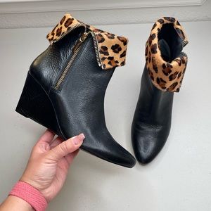 Kate Spade Volte Black Leather Wedge Bootie With Leopard Cuff SZ 7.5